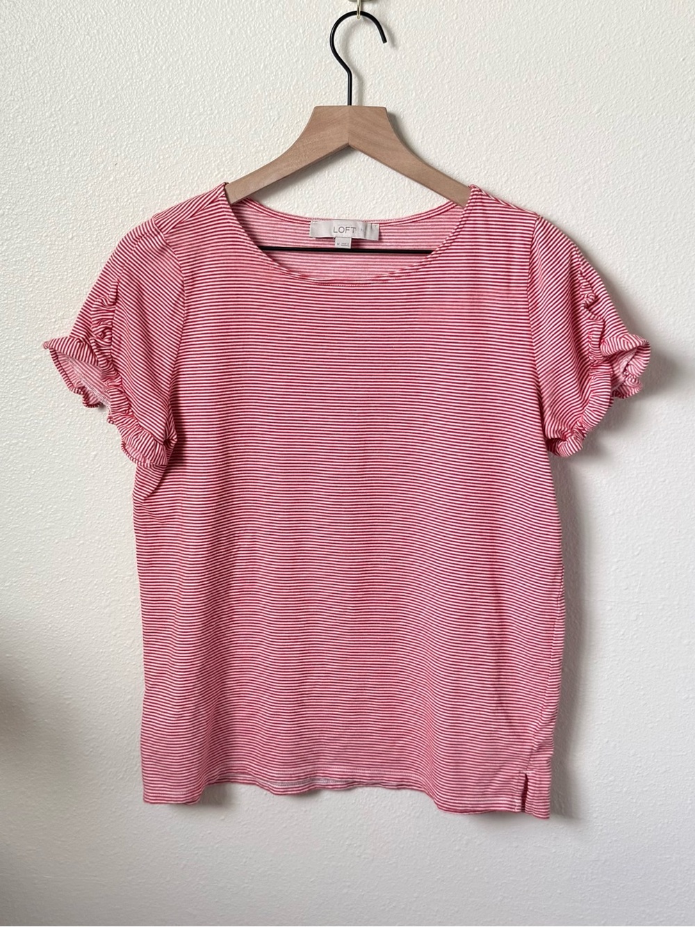LOFT Red Striped Ruffle Sleeve Tee